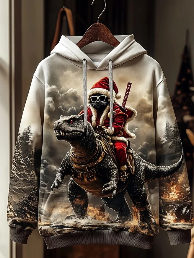 Badass Cat Riding Dinosaur Christmas Holiday Hoodie Xmas Gifts For Animal Lovers